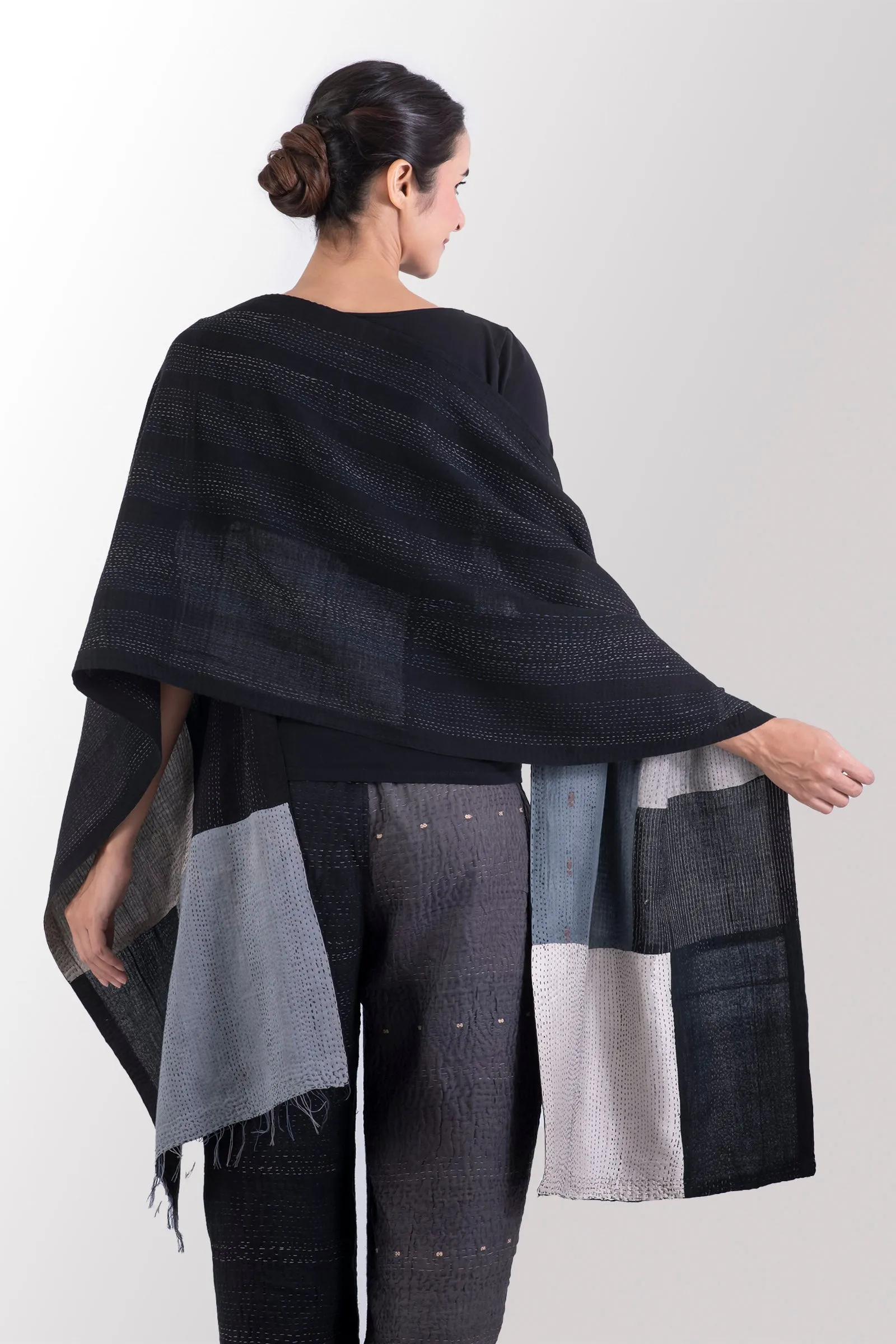 COTTON SILK SW PATCH OMBRE KANTHA SCARF STANDARD - wo2801-blk -
