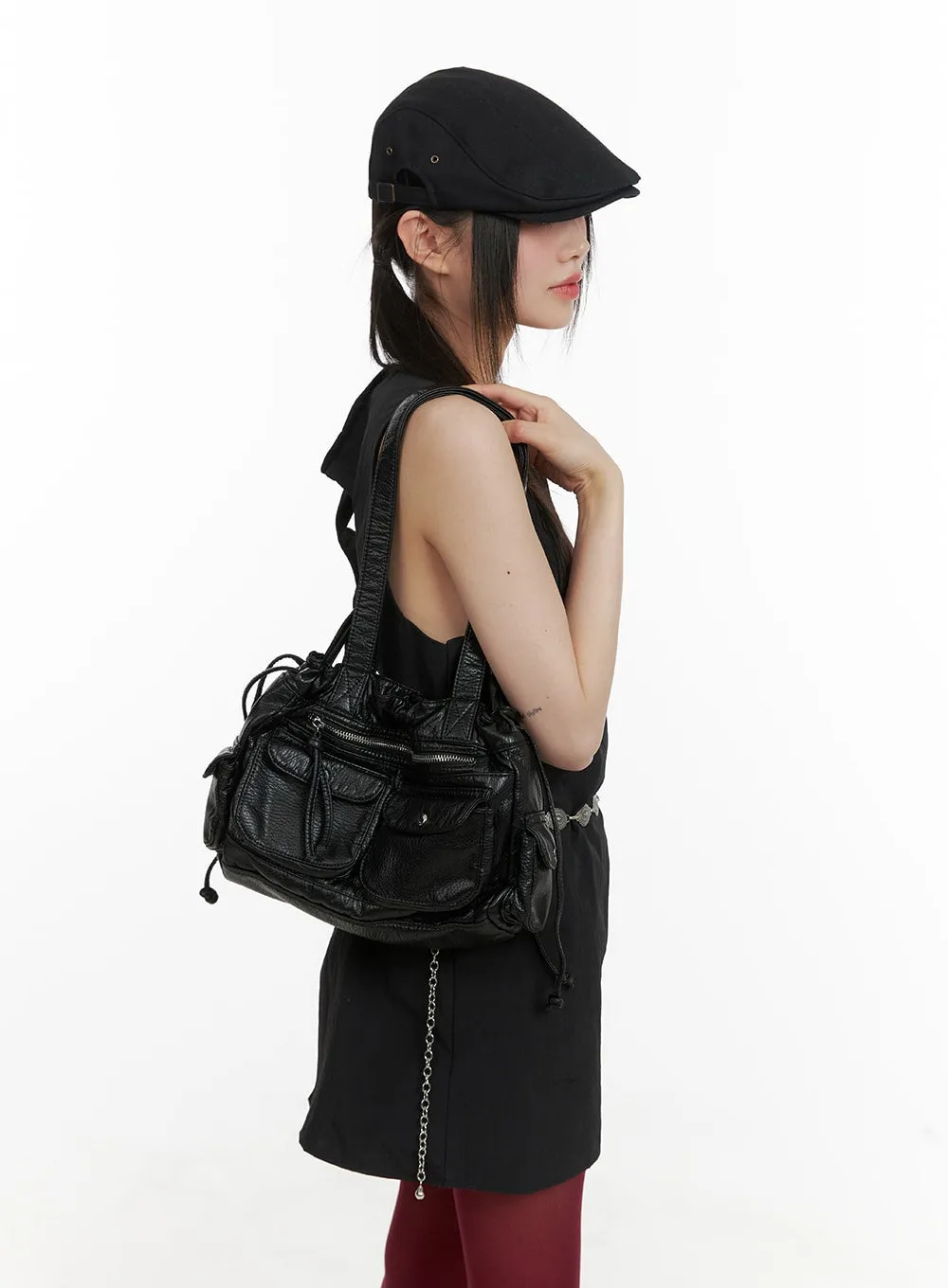 Faux Leather String Pocket Crossbody Bag CA418