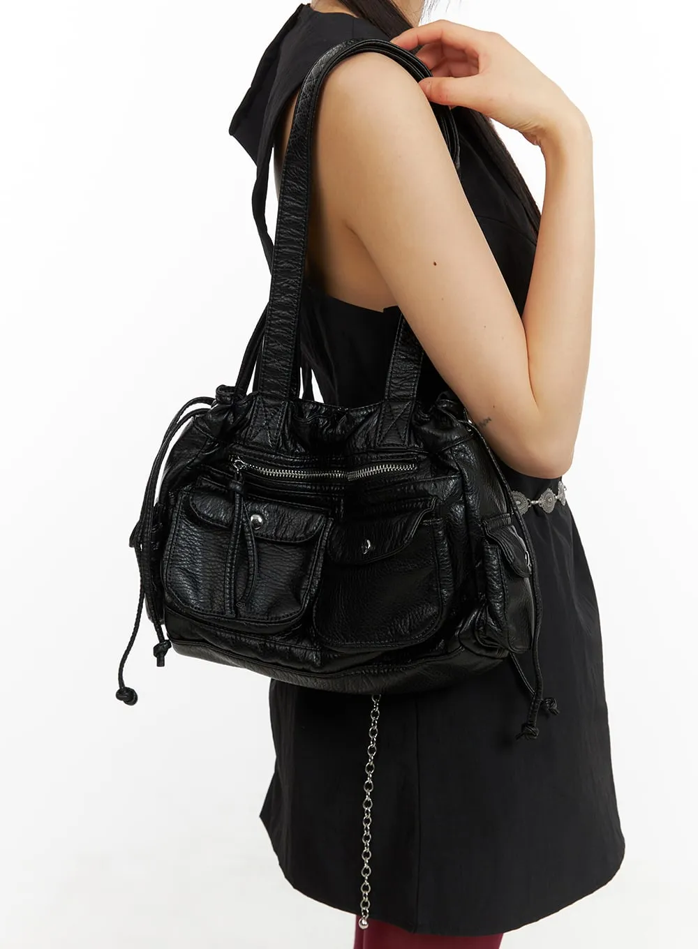 Faux Leather String Pocket Crossbody Bag CA418