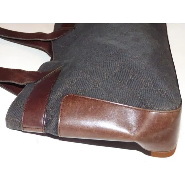 Gucci Black Denim With Brown Large G Logo Print And Brown Leather Tote