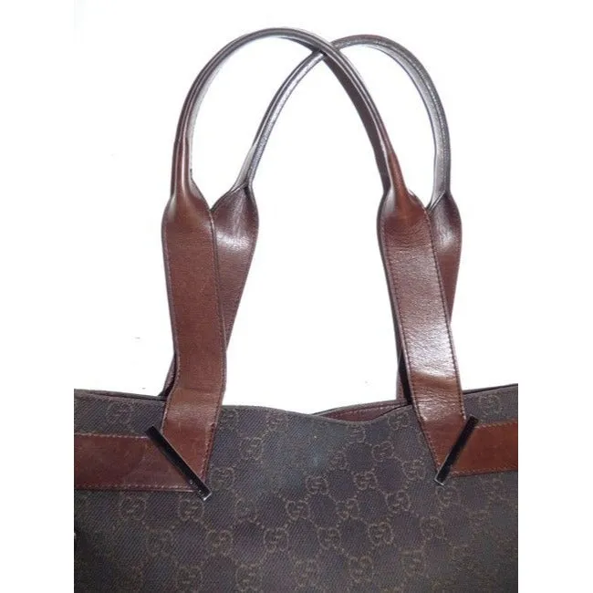 Gucci Black Denim With Brown Large G Logo Print And Brown Leather Tote