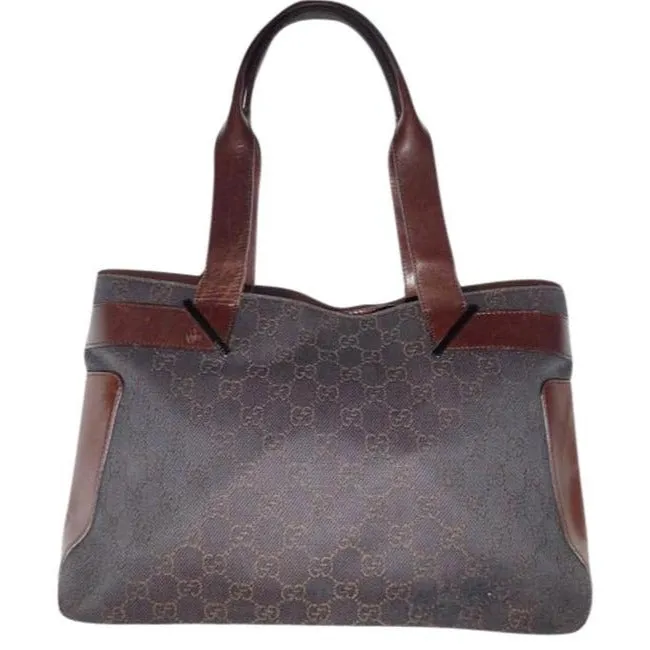 Gucci Black Denim With Brown Large G Logo Print And Brown Leather Tote