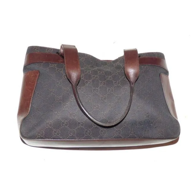Gucci Black Denim With Brown Large G Logo Print And Brown Leather Tote