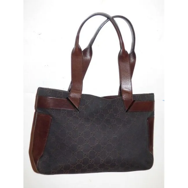 Gucci Black Denim With Brown Large G Logo Print And Brown Leather Tote