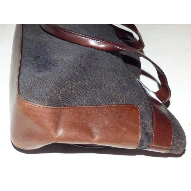 Gucci Black Denim With Brown Large G Logo Print And Brown Leather Tote