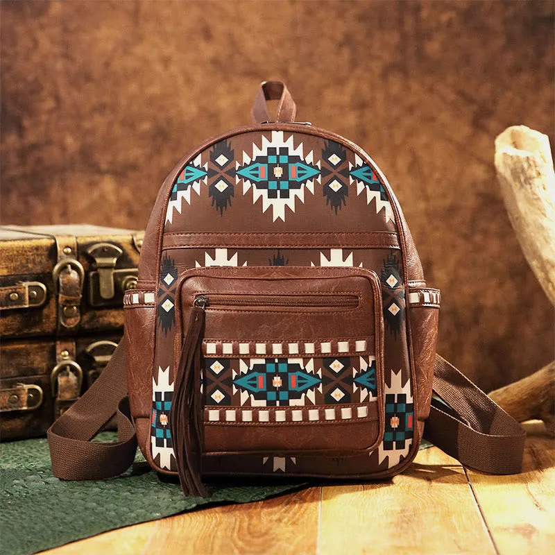 Vegan Leather Small Backpack for Women Boho Tassel Backpack Travel Daypack
