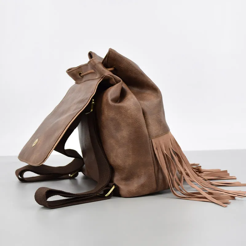 Vintage Tassel Backpack Women Bohemian Drawstring Leather Travel Purse