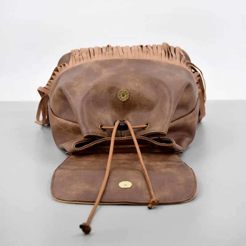 Vintage Tassel Backpack Women Bohemian Drawstring Leather Travel Purse