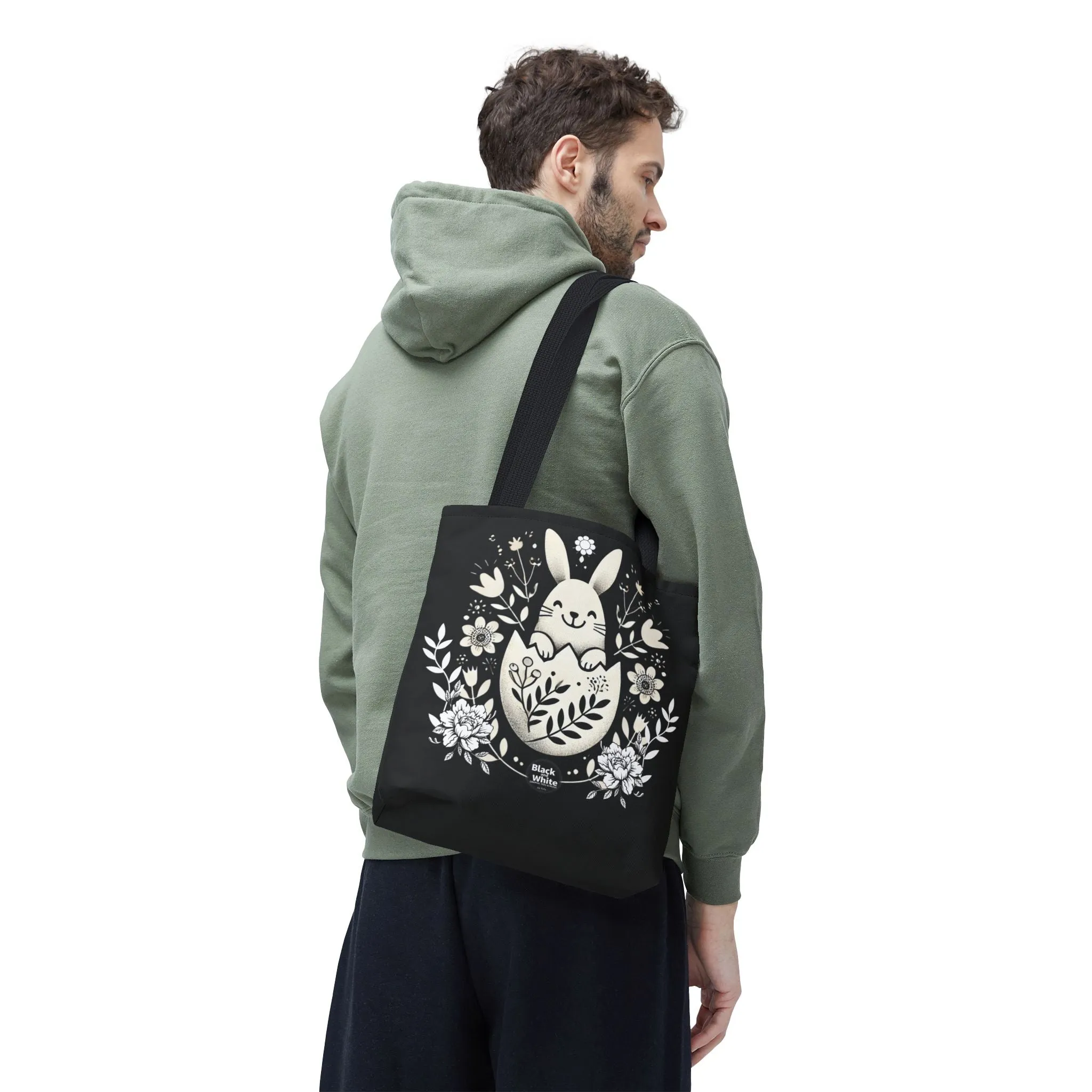Whimsical Bunny Black Tote Bag - Floral Easter Spring Gift, Cute Animal Lover Bag, Reusable Shopping Bag for Women, Farmers Market & Casual Outings