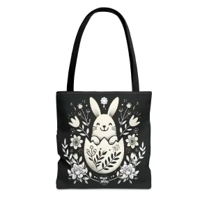 Whimsical Bunny Black Tote Bag - Floral Easter Spring Gift, Cute Animal Lover Bag, Reusable Shopping Bag for Women, Farmers Market & Casual Outings