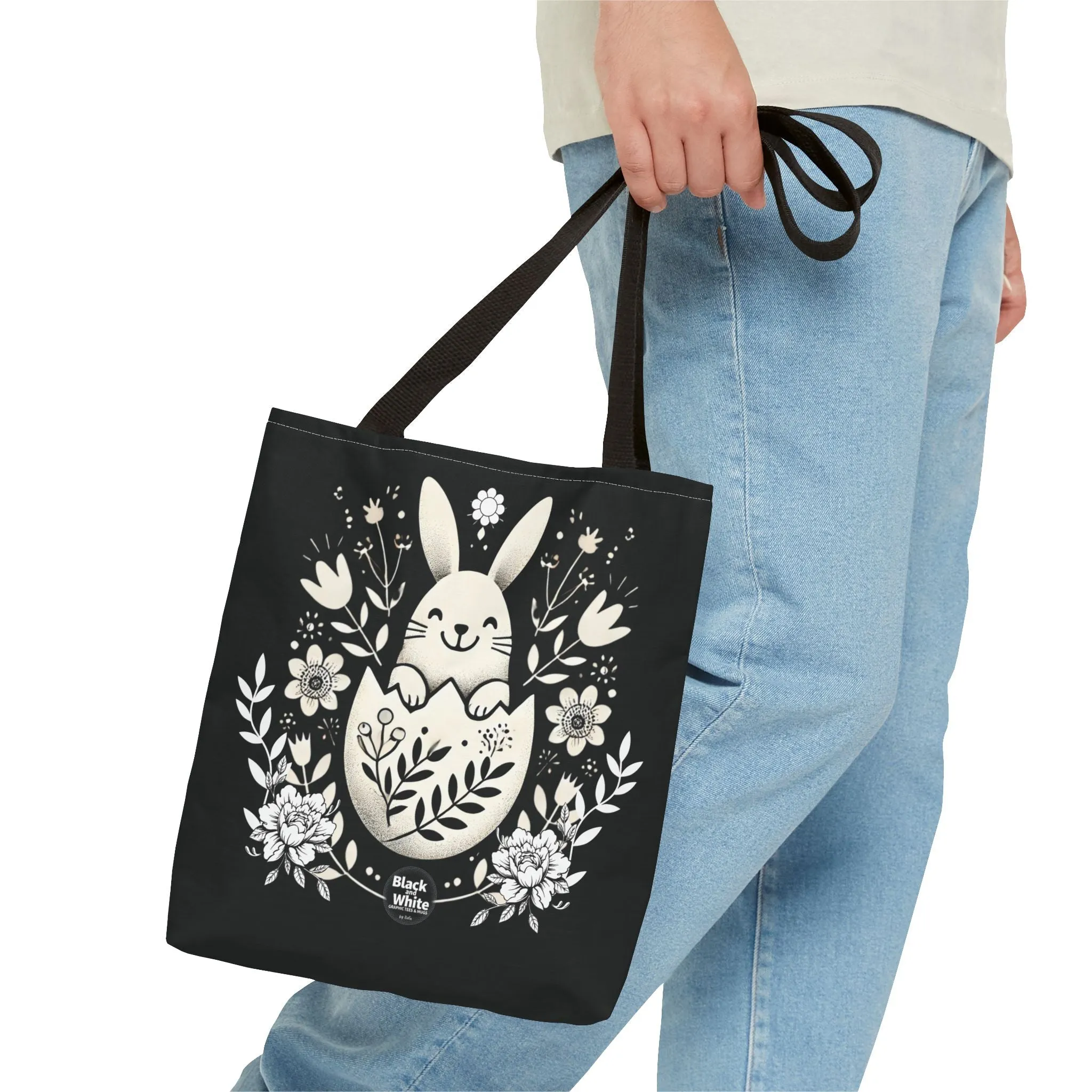 Whimsical Bunny Black Tote Bag - Floral Easter Spring Gift, Cute Animal Lover Bag, Reusable Shopping Bag for Women, Farmers Market & Casual Outings