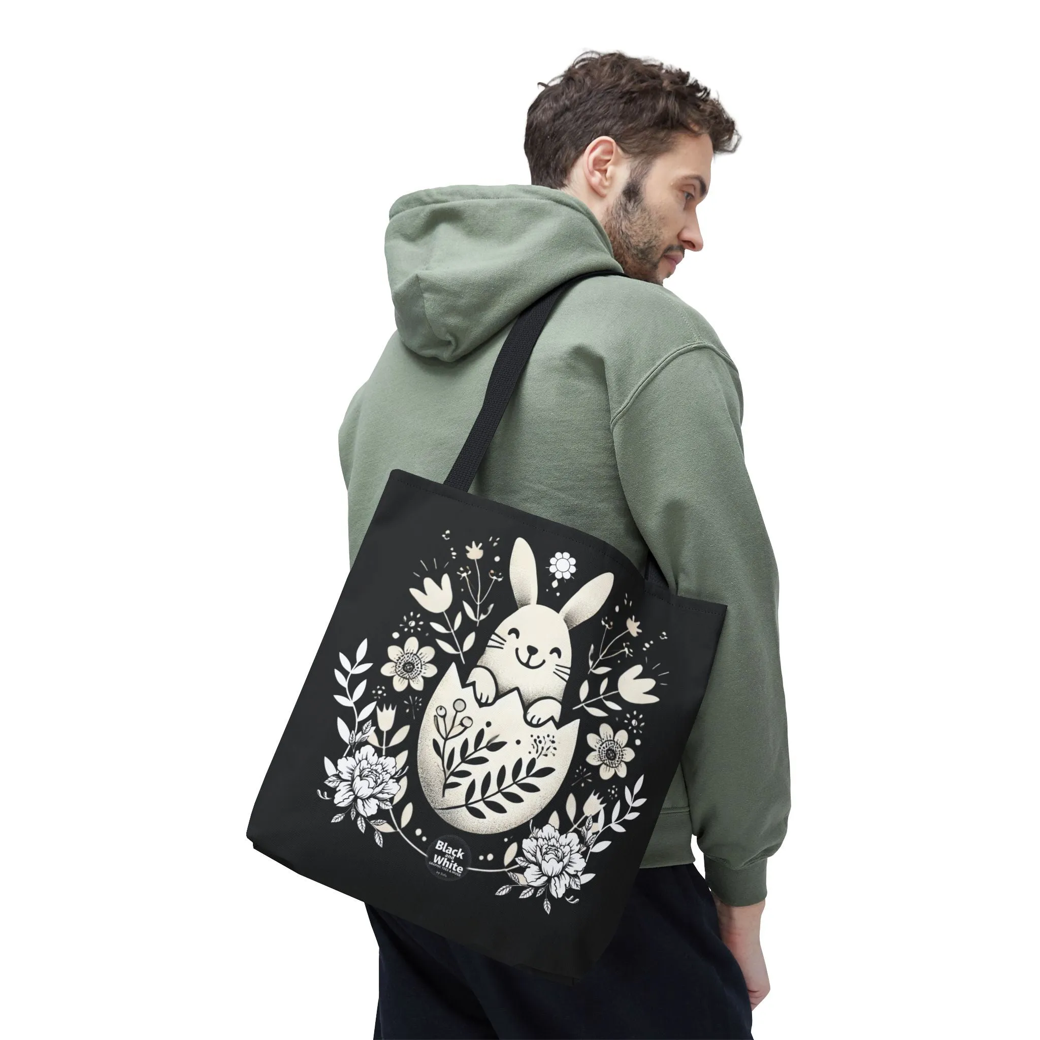 Whimsical Bunny Black Tote Bag - Floral Easter Spring Gift, Cute Animal Lover Bag, Reusable Shopping Bag for Women, Farmers Market & Casual Outings