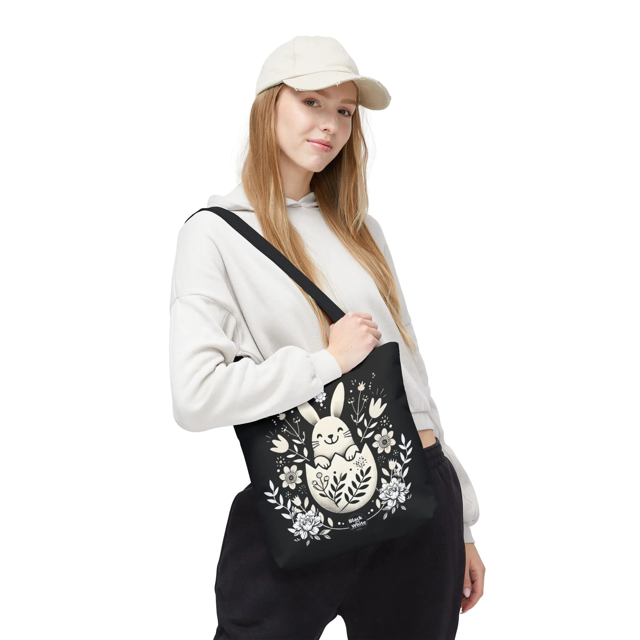 Whimsical Bunny Black Tote Bag - Floral Easter Spring Gift, Cute Animal Lover Bag, Reusable Shopping Bag for Women, Farmers Market & Casual Outings