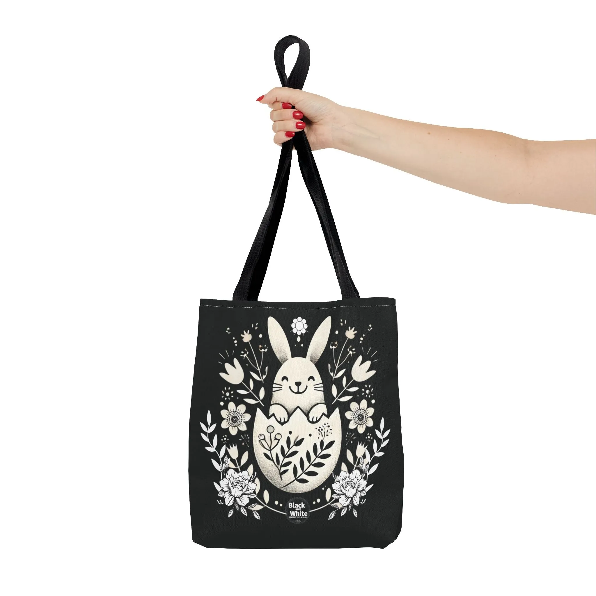 Whimsical Bunny Black Tote Bag - Floral Easter Spring Gift, Cute Animal Lover Bag, Reusable Shopping Bag for Women, Farmers Market & Casual Outings