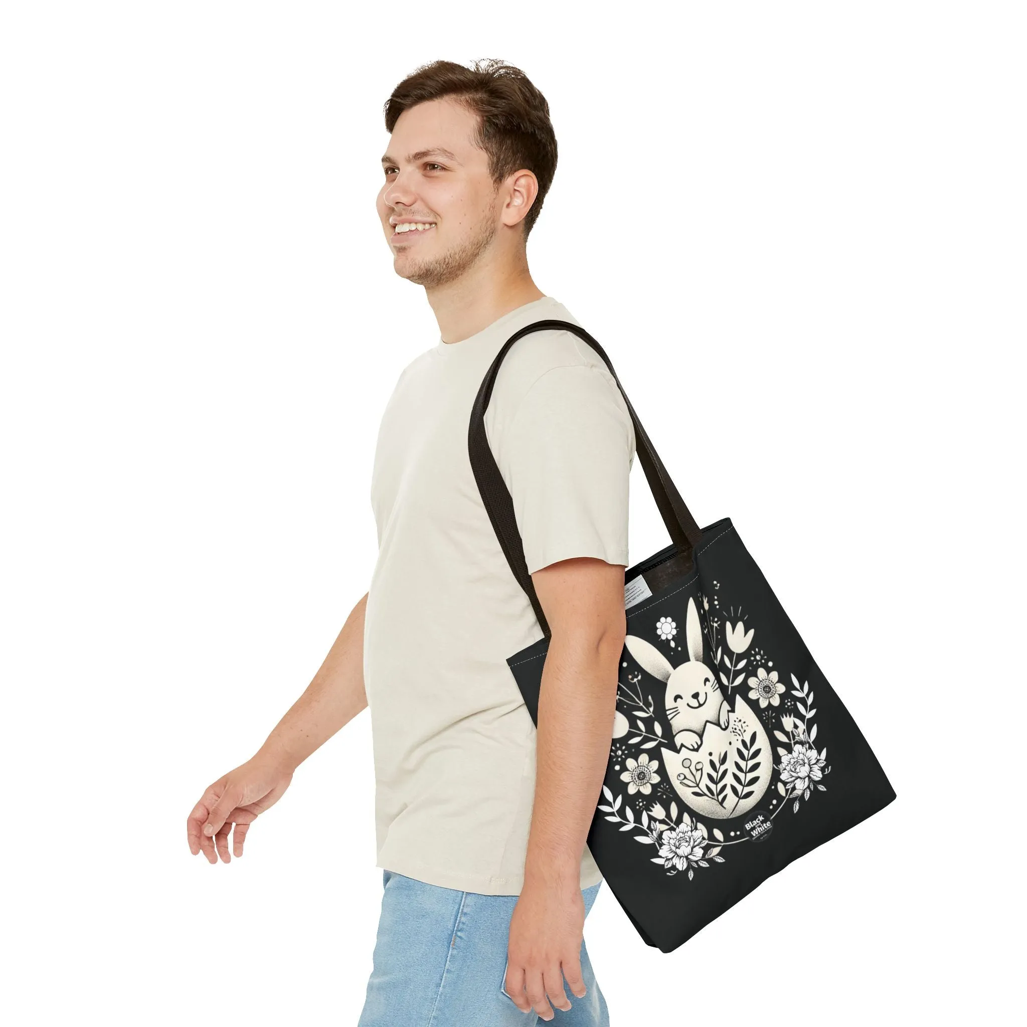 Whimsical Bunny Black Tote Bag - Floral Easter Spring Gift, Cute Animal Lover Bag, Reusable Shopping Bag for Women, Farmers Market & Casual Outings