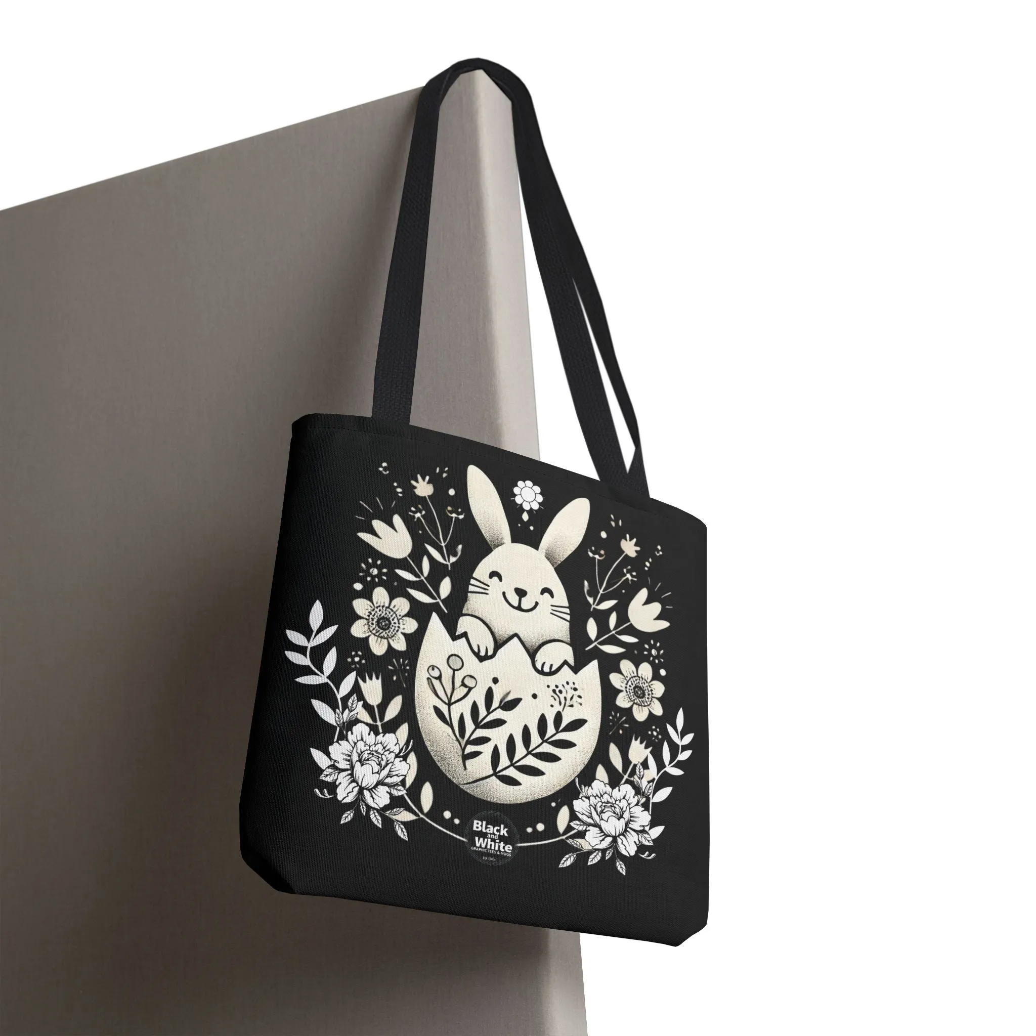 Whimsical Bunny Black Tote Bag - Floral Easter Spring Gift, Cute Animal Lover Bag, Reusable Shopping Bag for Women, Farmers Market & Casual Outings