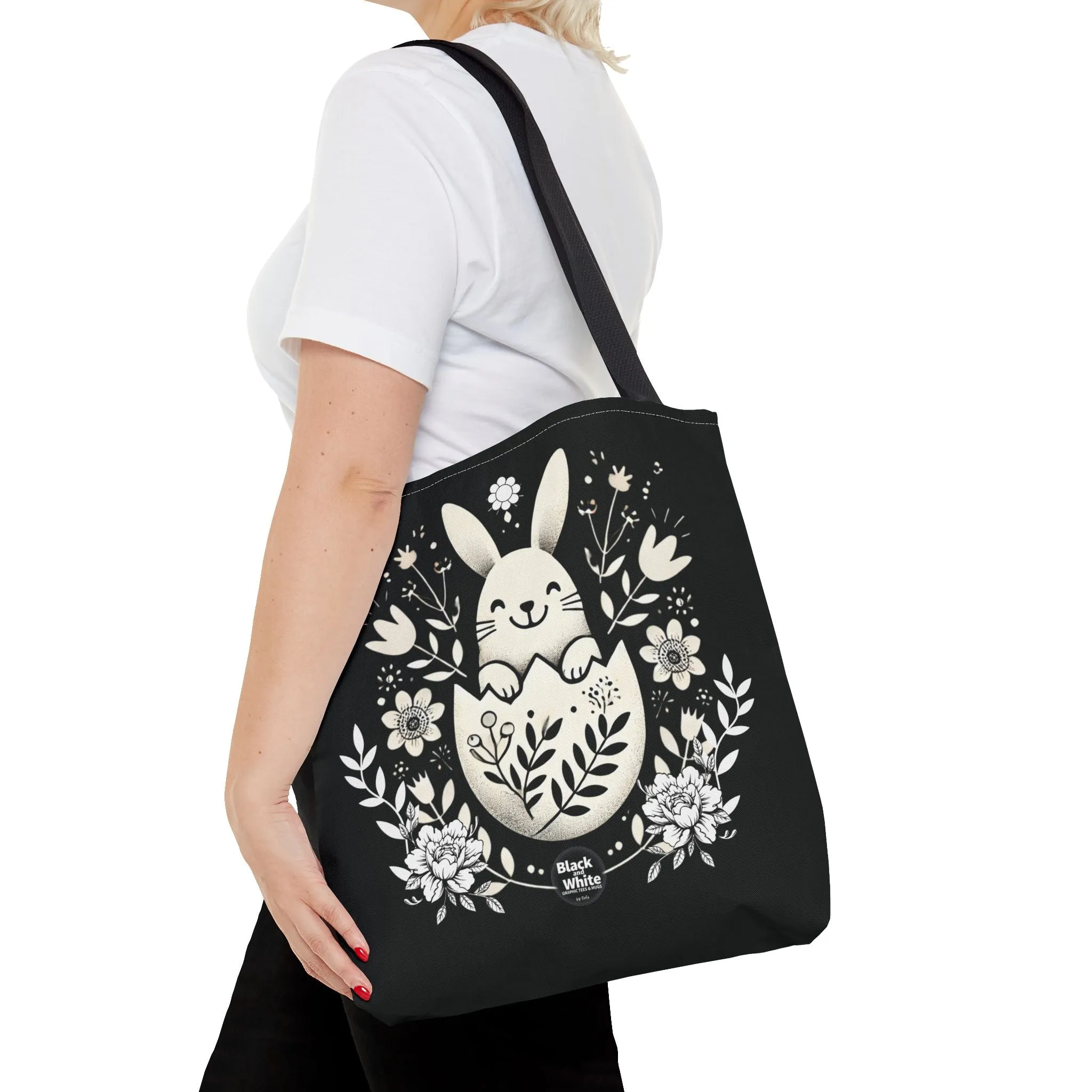 Whimsical Bunny Black Tote Bag - Floral Easter Spring Gift, Cute Animal Lover Bag, Reusable Shopping Bag for Women, Farmers Market & Casual Outings