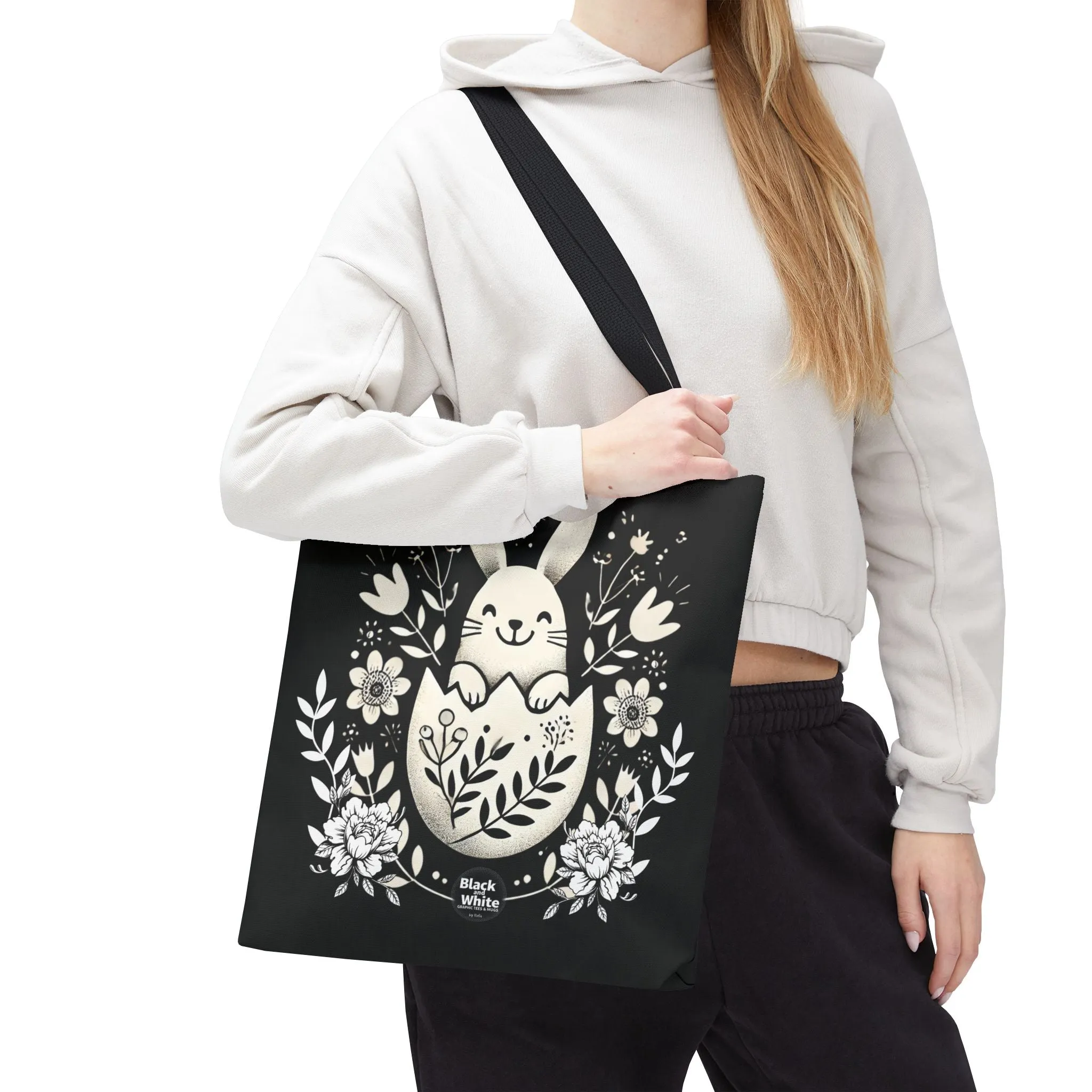 Whimsical Bunny Black Tote Bag - Floral Easter Spring Gift, Cute Animal Lover Bag, Reusable Shopping Bag for Women, Farmers Market & Casual Outings