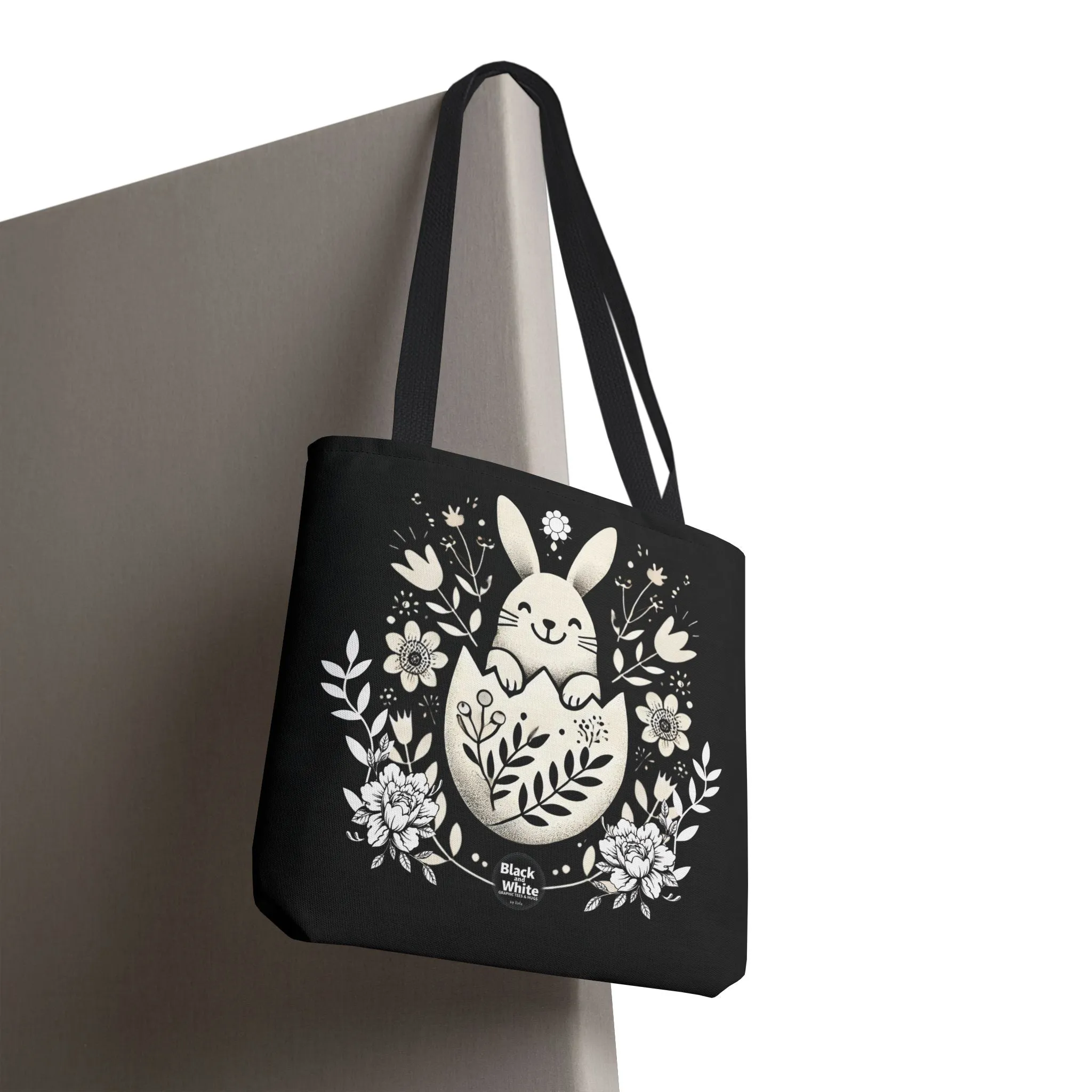 Whimsical Bunny Black Tote Bag - Floral Easter Spring Gift, Cute Animal Lover Bag, Reusable Shopping Bag for Women, Farmers Market & Casual Outings