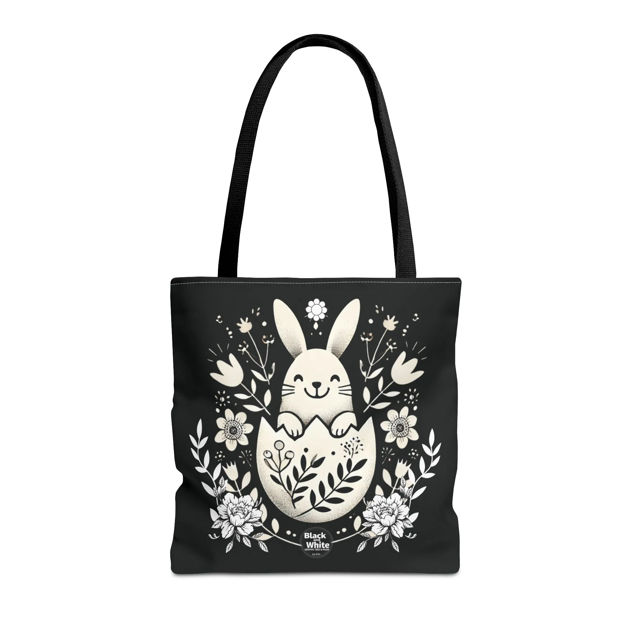 Whimsical Bunny Black Tote Bag - Floral Easter Spring Gift, Cute Animal Lover Bag, Reusable Shopping Bag for Women, Farmers Market & Casual Outings