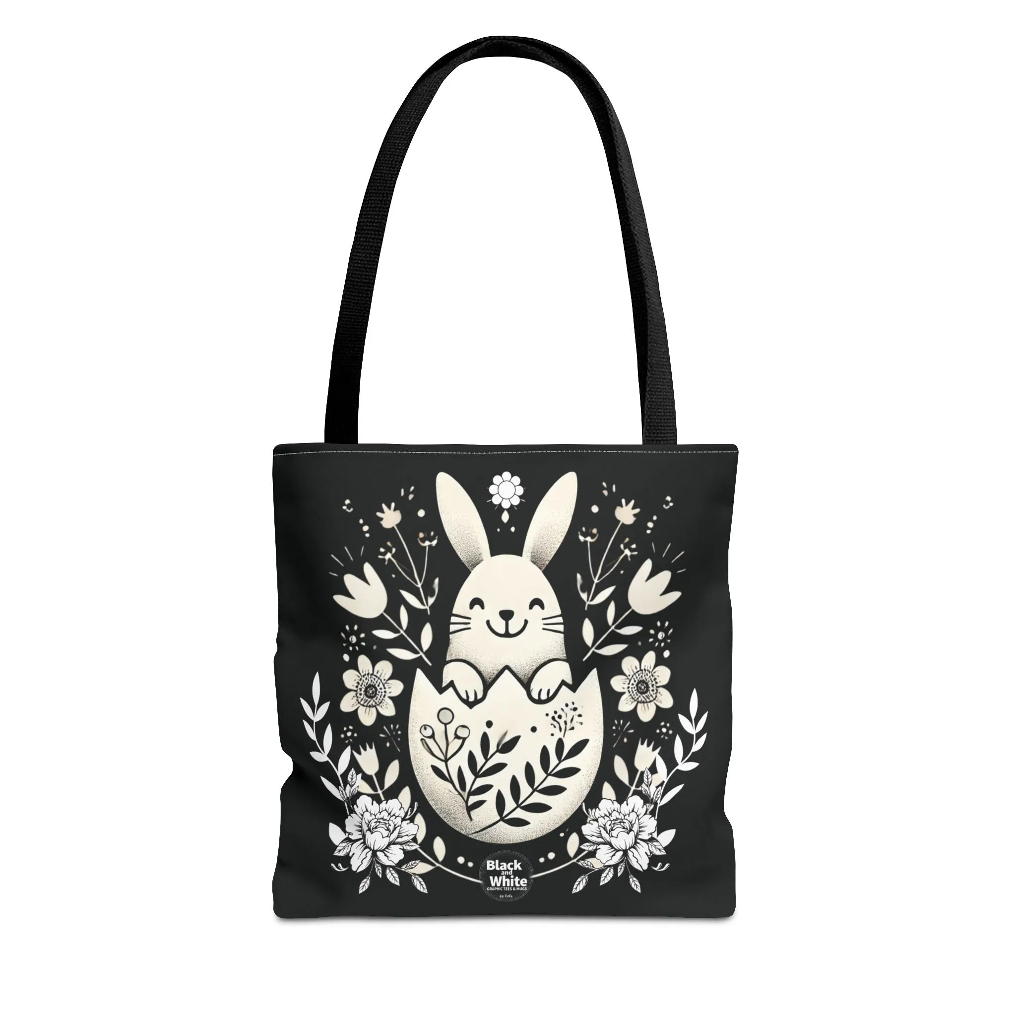 Whimsical Bunny Black Tote Bag - Floral Easter Spring Gift, Cute Animal Lover Bag, Reusable Shopping Bag for Women, Farmers Market & Casual Outings
